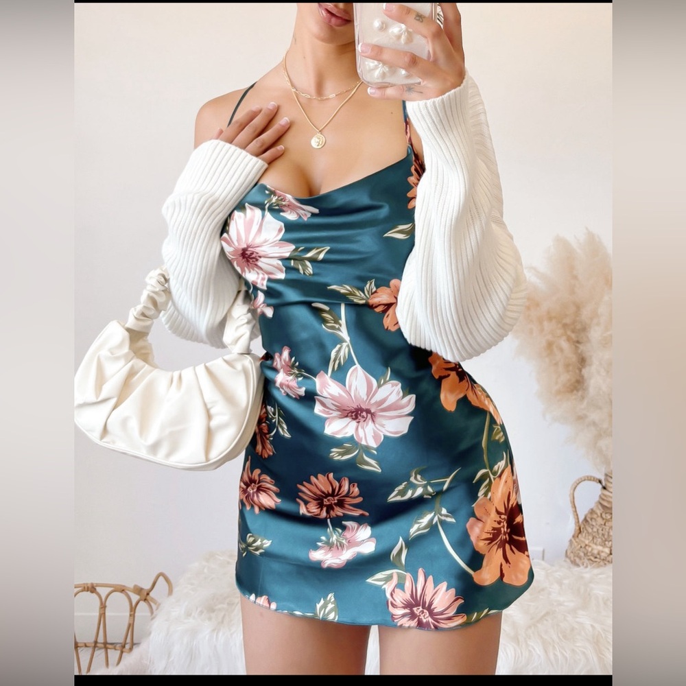 Satin Floral Drop Back Mini Dress (Teal)